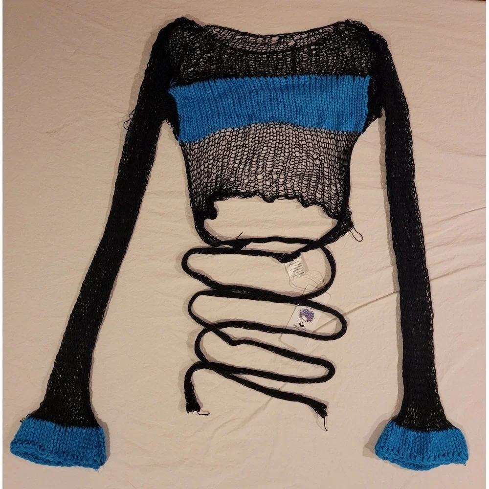 Crochet Knit Cropped Top Open Back Tie Waist, Women's Size L, Black Teal Blue